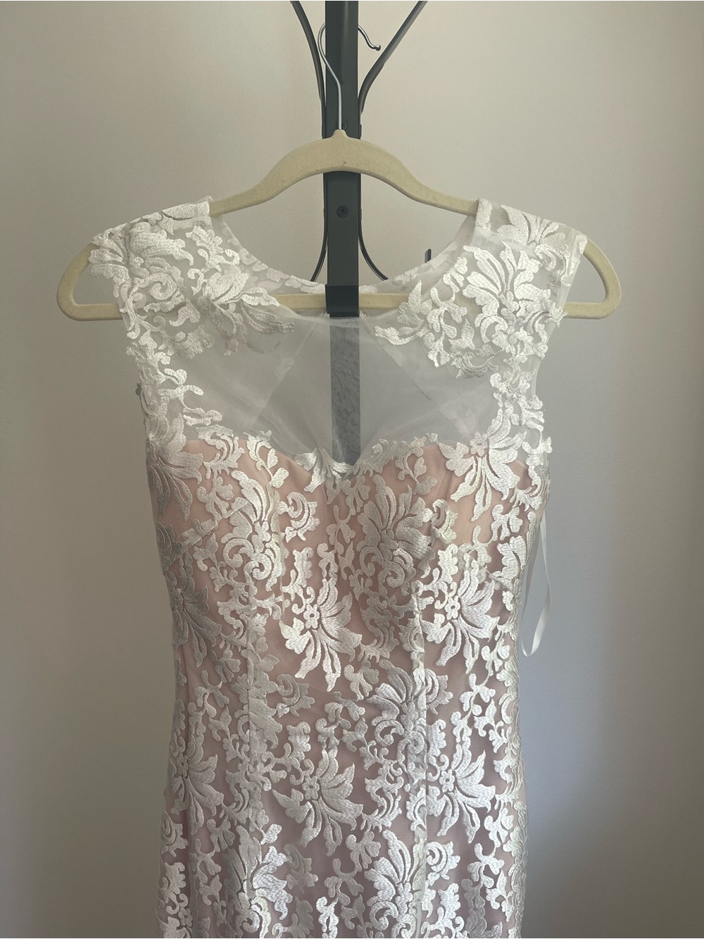 White Lace Overlay Evening Dress with Pink Underlay